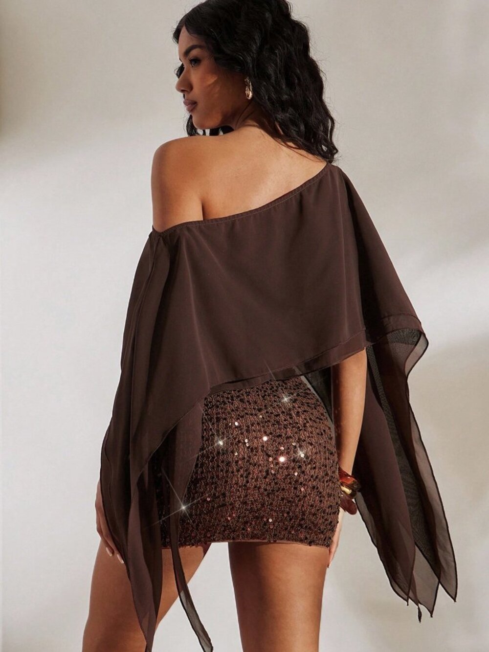 Coffee Brown Casual Women's cropped drape7y blouse - Picture 4 of 5